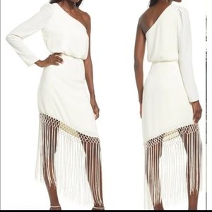 New Lulus Love at Dusk Cream One-Shoulder Asymmetrical Fringe Midi Dress Size XS